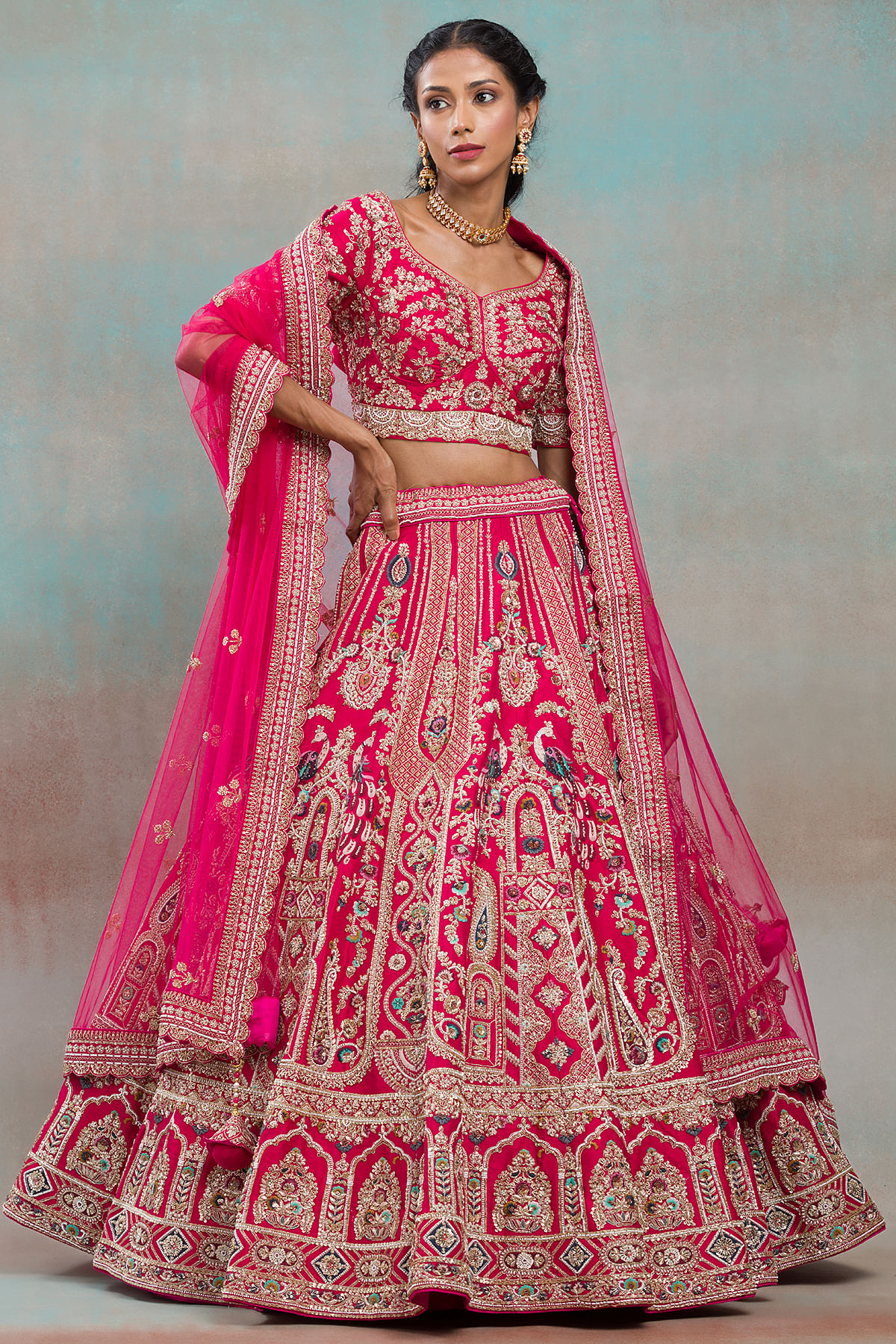 Buy Virtual Pink Sequins Embroidered Raw Silk Bridal Lehenga Online at Samyakk