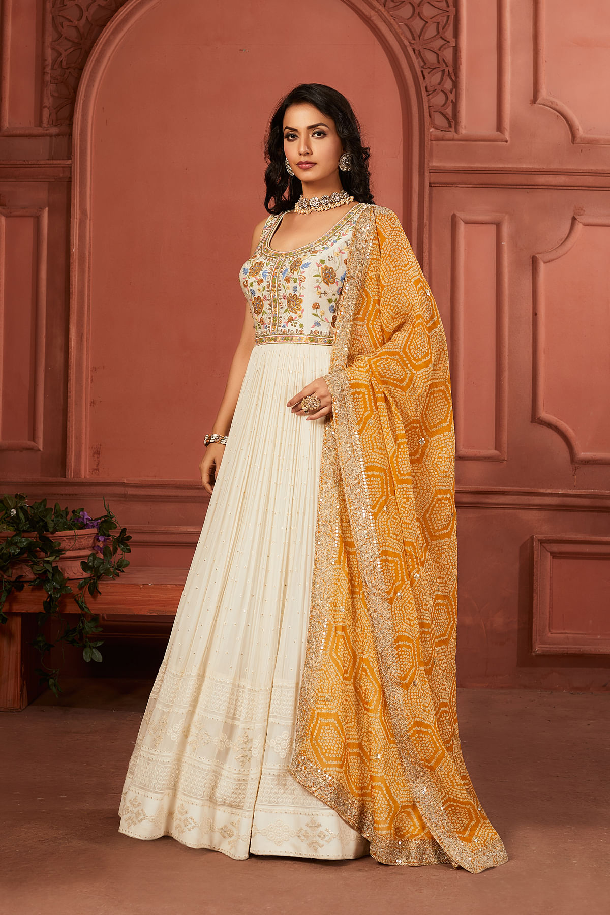 White Georgette Anarkali Salwar With Sequins work And Round Neck