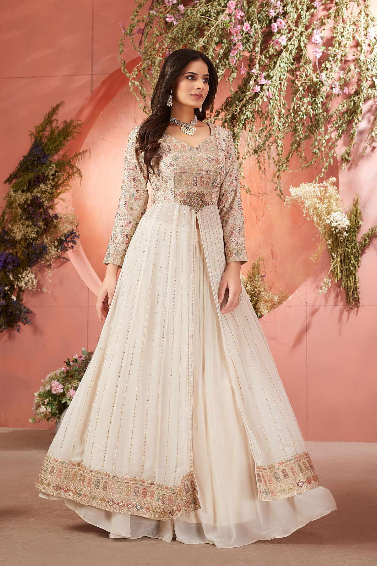 Buy White Georgette Party Wear Salwar Kameez With Sequins Work And Gathered Skirt Online Samyakk