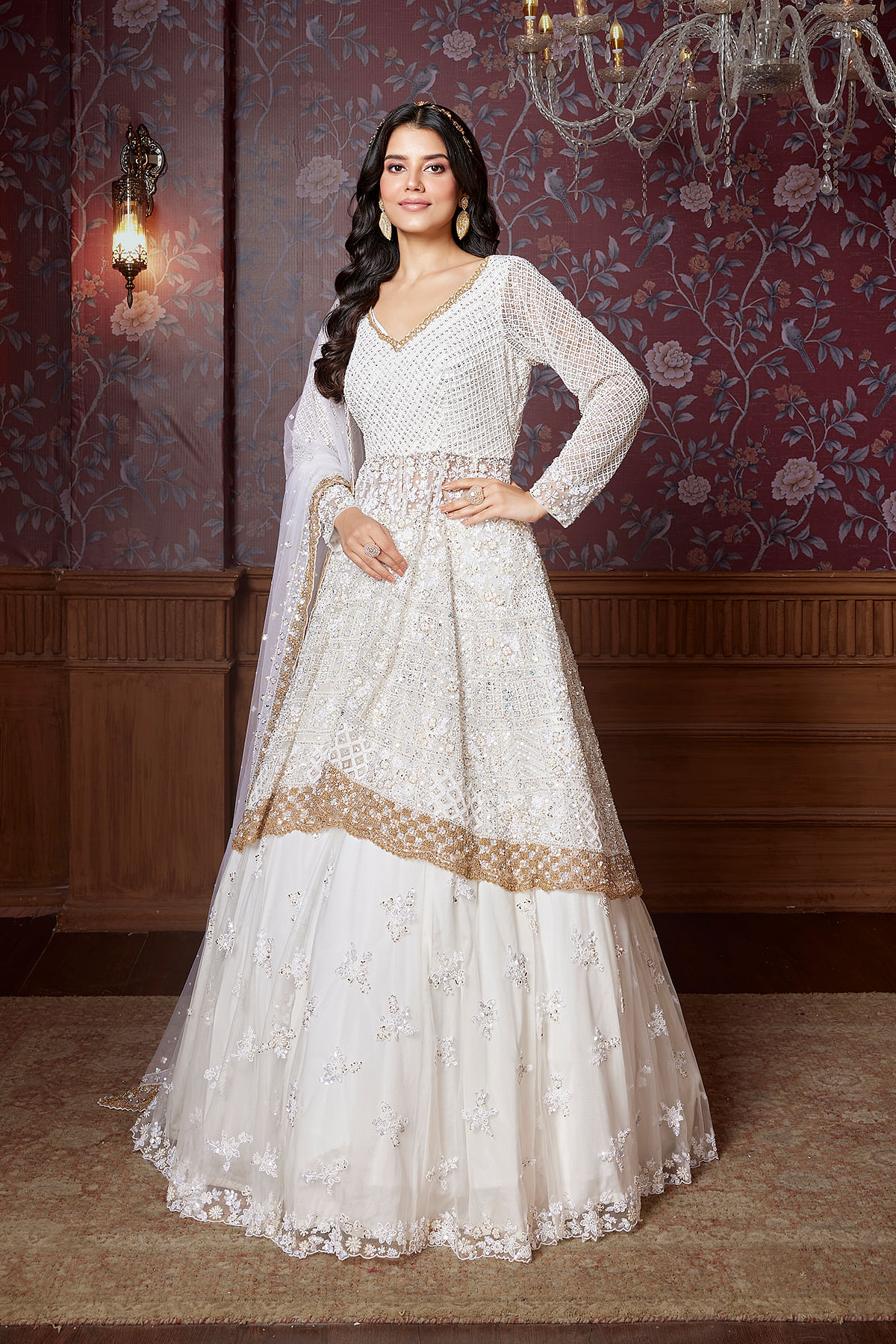 Buy White Pearl Work Jacket Lehenga with Net Dupatta Online at Samyakk