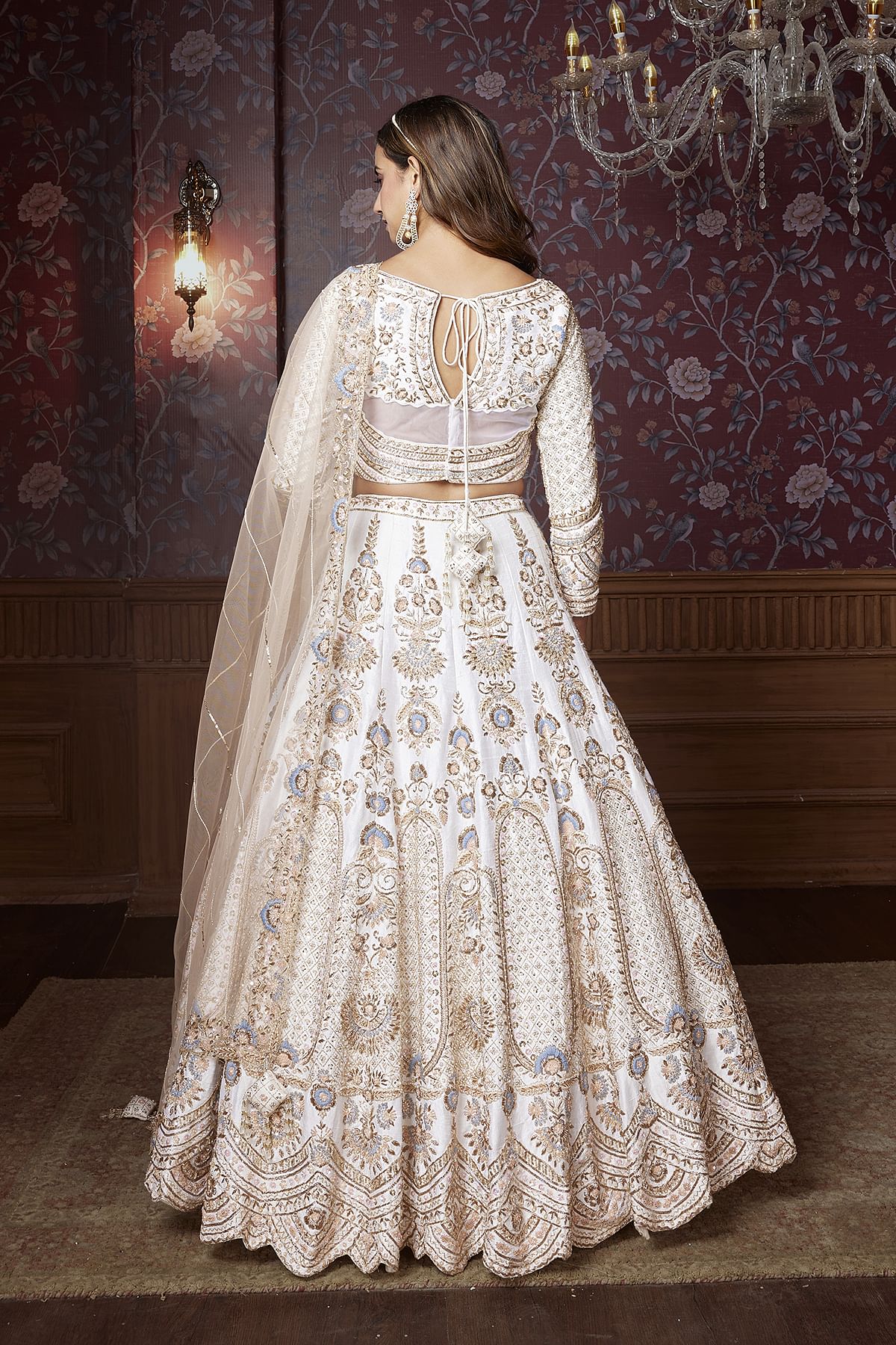 Buy White Reception Lehenga with Sequins Embroidery and Boat Neck Blouse Online Samyakk