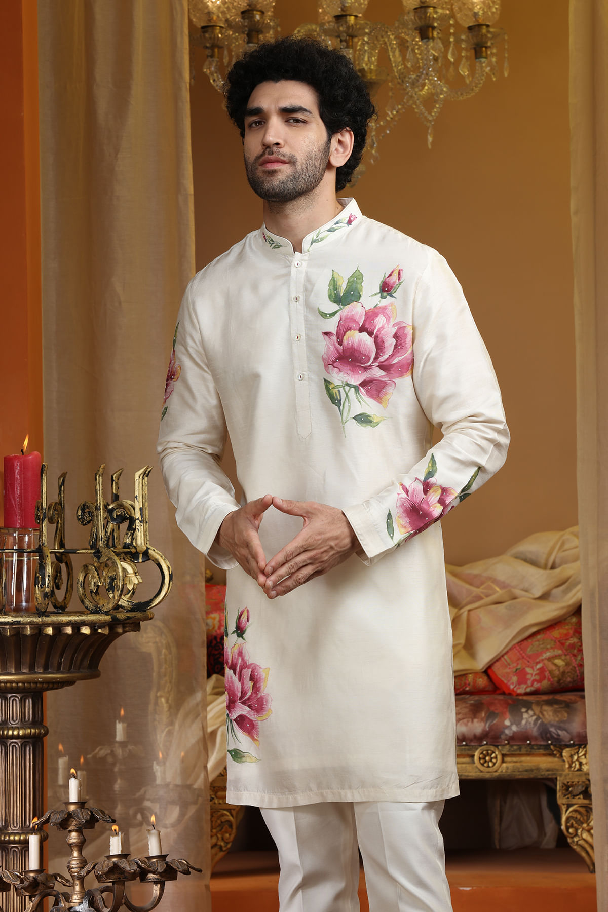 White Resham Embroidered Silk Kurta-KR1120