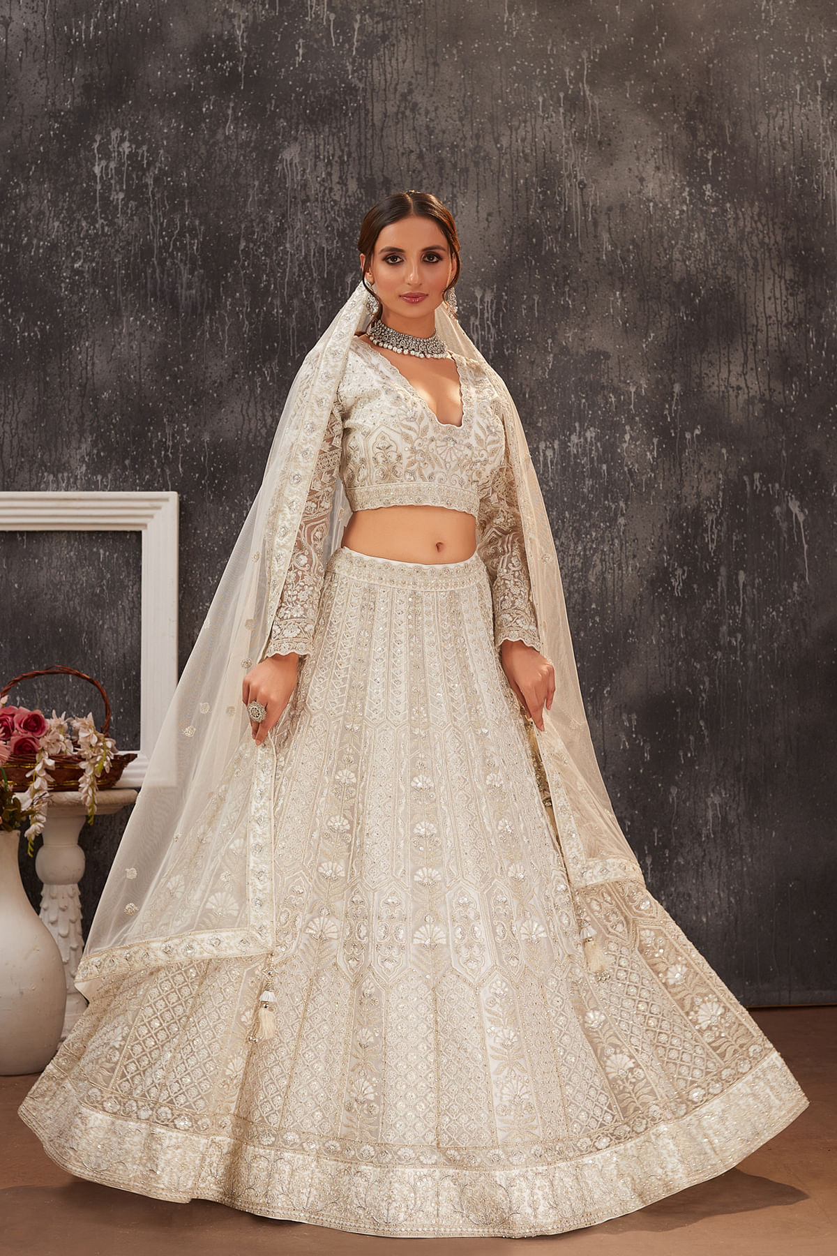 Buy White Umbrella Style Net Sangeet Lehenga With Square Neck Online at Samyakk