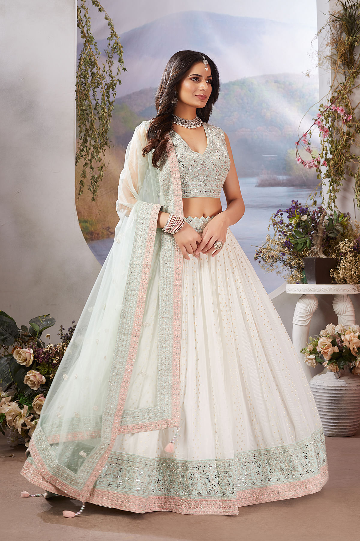 White Zari Woven Sangeet Lehenga with V Neck Blouse Online at Samyakk