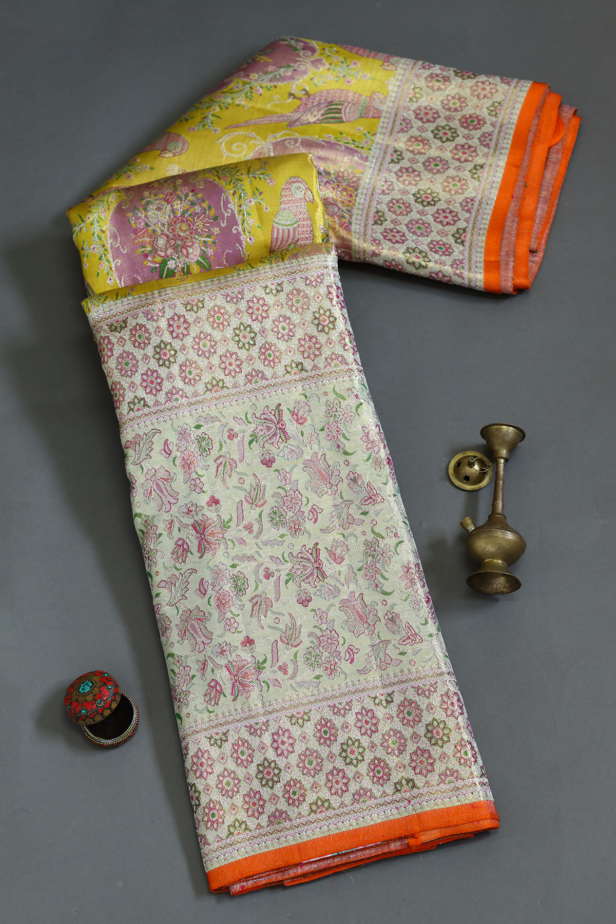 Yellow and Pink Kanchipuram Silk Saree