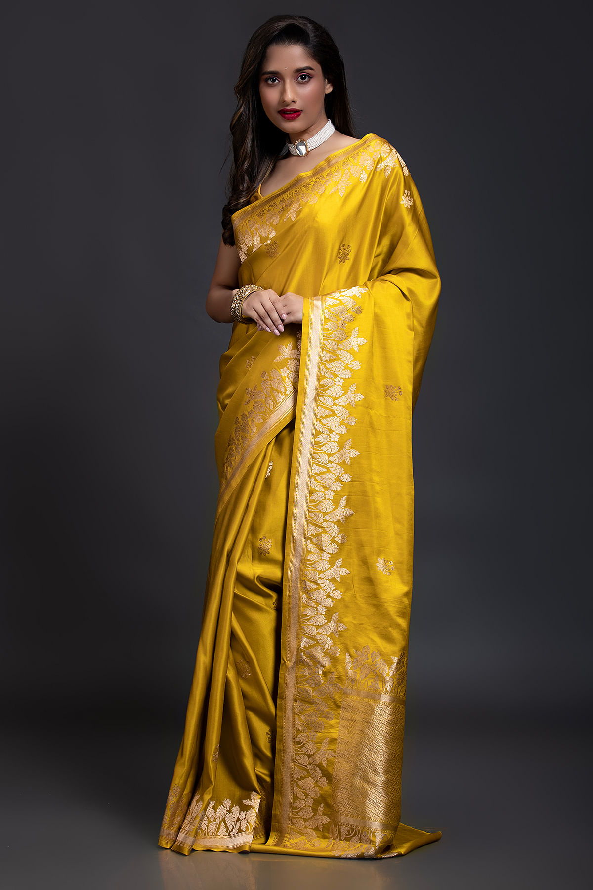 Buy Yellow Banarasi Satin Silk Saree with Zari Woven and Unstitched Blouse Online at Samyakk