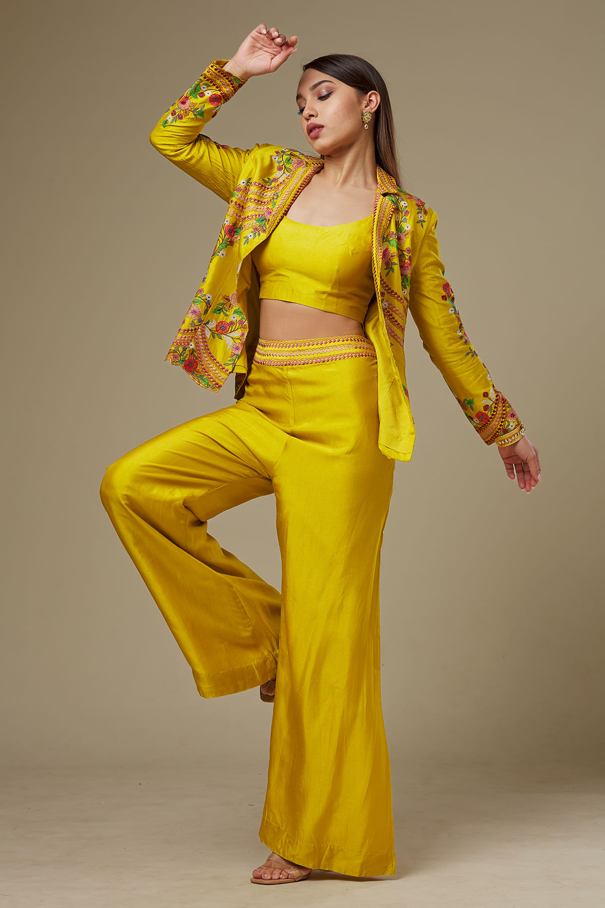 Yellow Crop Top Suit 