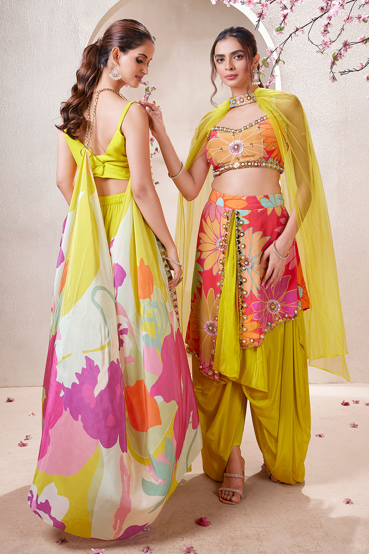 Yellow Crepe Crop Top Suit with Printed Jacket-SL14086