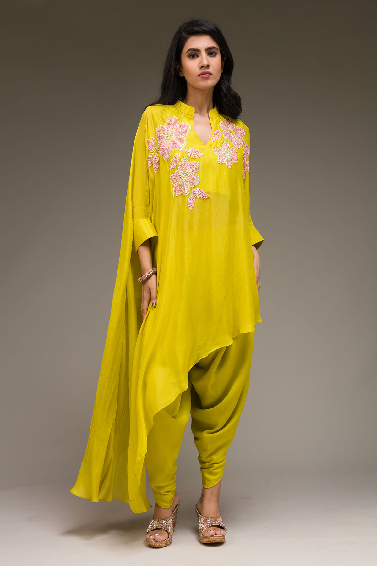 Yellow Crepe Designer Salwar with Pearl Work and Chinese Collar-GG1366