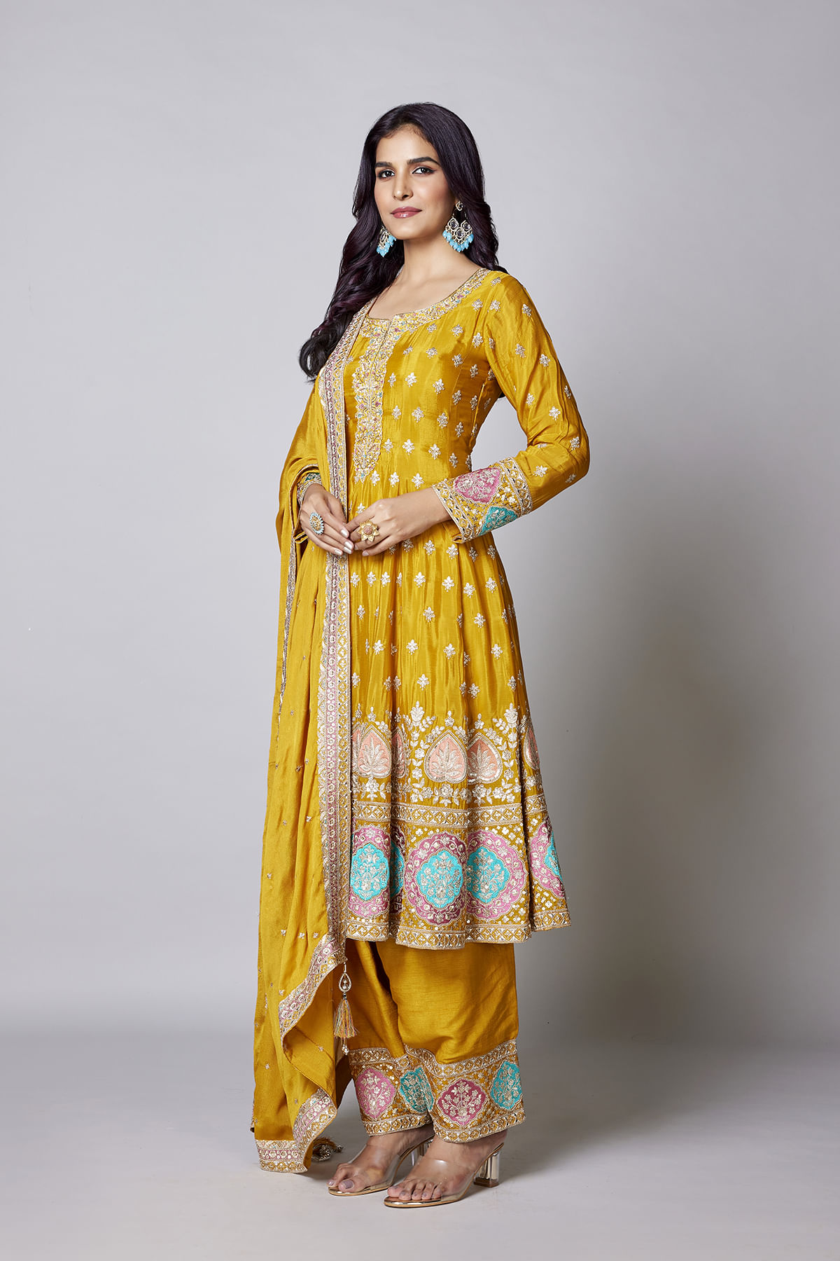 Yellow Crepe Straight Cut Suit With Resham Work And Slit Neck-SL13895