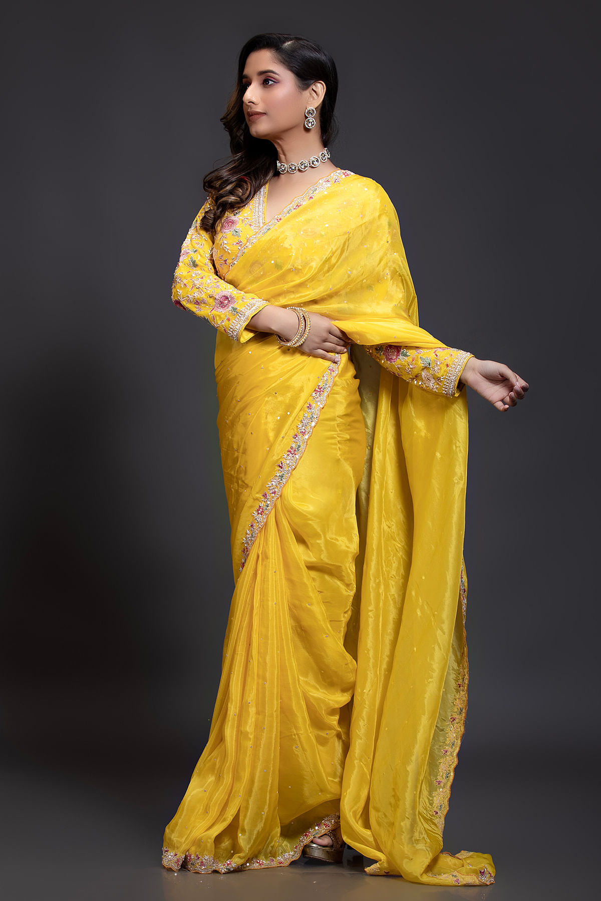 Buy Yellow Designer Saree with Sequins Embroidery and Readymade Blouse Online at Samyakk