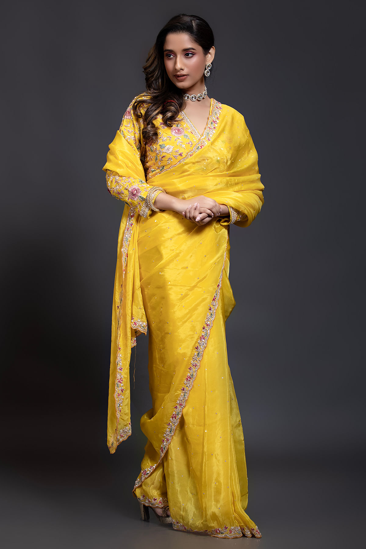 Buy Yellow Designer Saree with Sequins Embroidery and Readymade Blouse Online at Samyakk