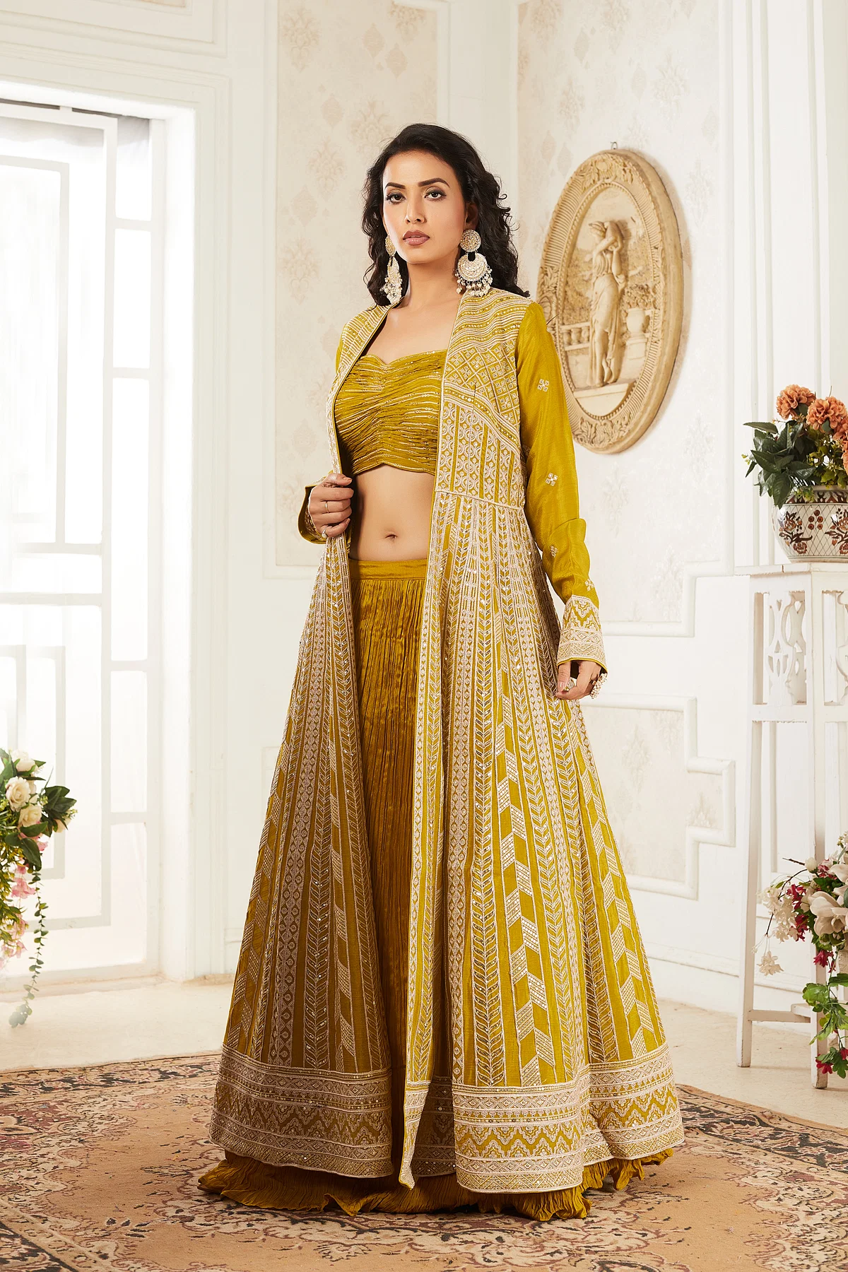 Yellow Gathered Style Crepe Lehenga With Heavy Embroidered Jacket