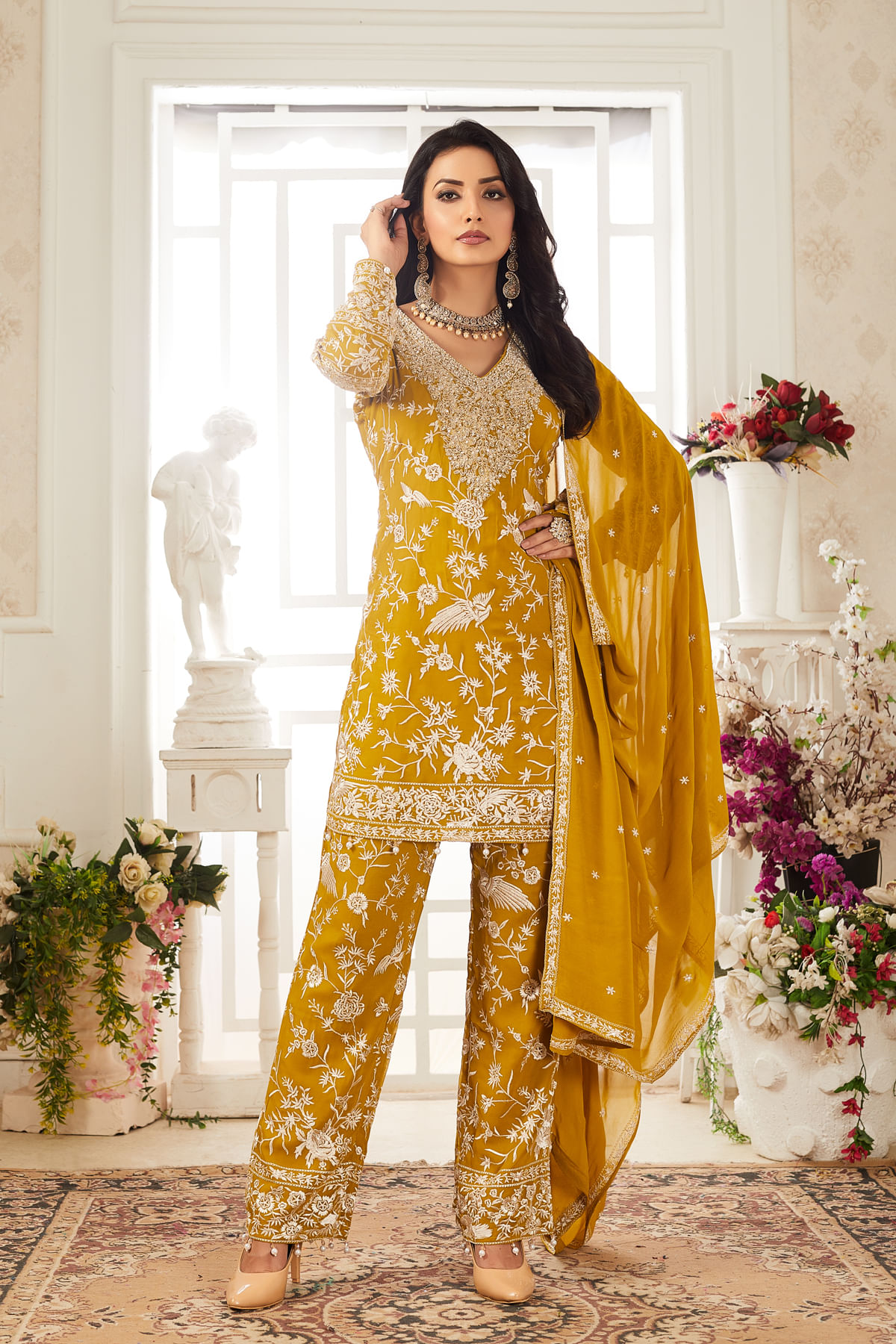 Buy Yellow Georgette Festive Salwar Kameez With Resham Embroidery Online at Samyakk