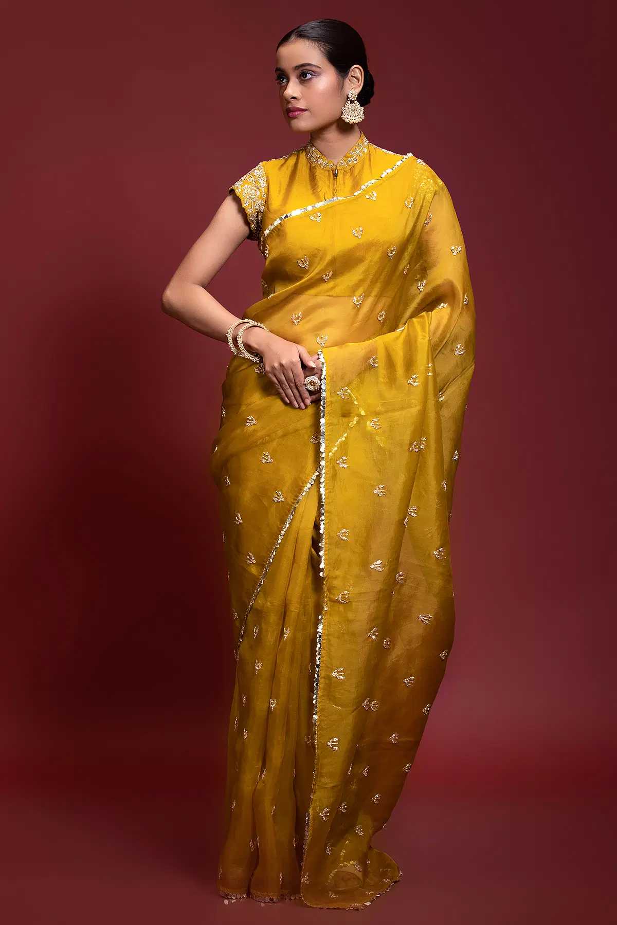 Amazing yellow Banarasi Organza Weaving for Women saree blousewith store Contrast Handdyed Banglory Blouse usa for Women saree blouses women