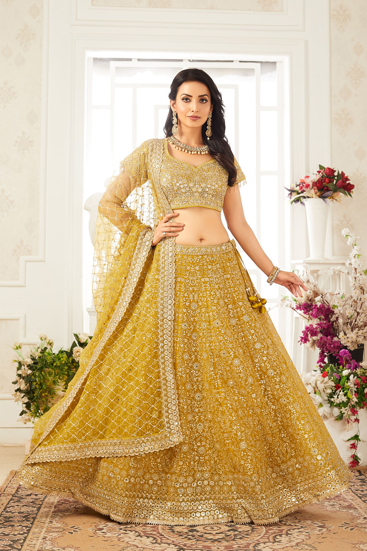 Yellow Panel Style Net Sangeet Lehenga With Embroidered Blouse