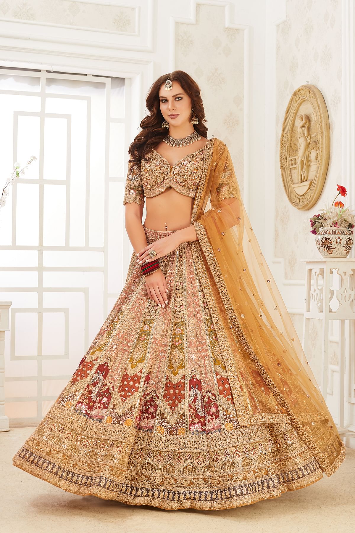 Buy Yellow Sequins Embroidered Bridal Lehenga with Double Dupatta Online Samyakk