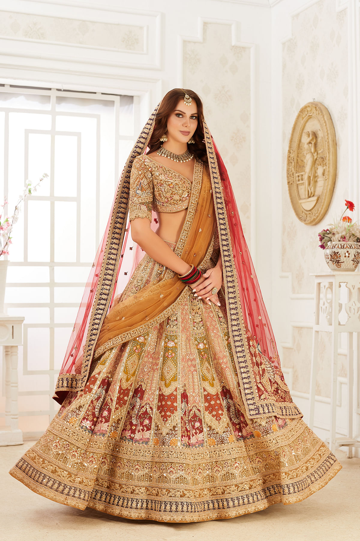 Buy Yellow Sequins Embroidered Bridal Lehenga with Double Dupatta Online Samyakk