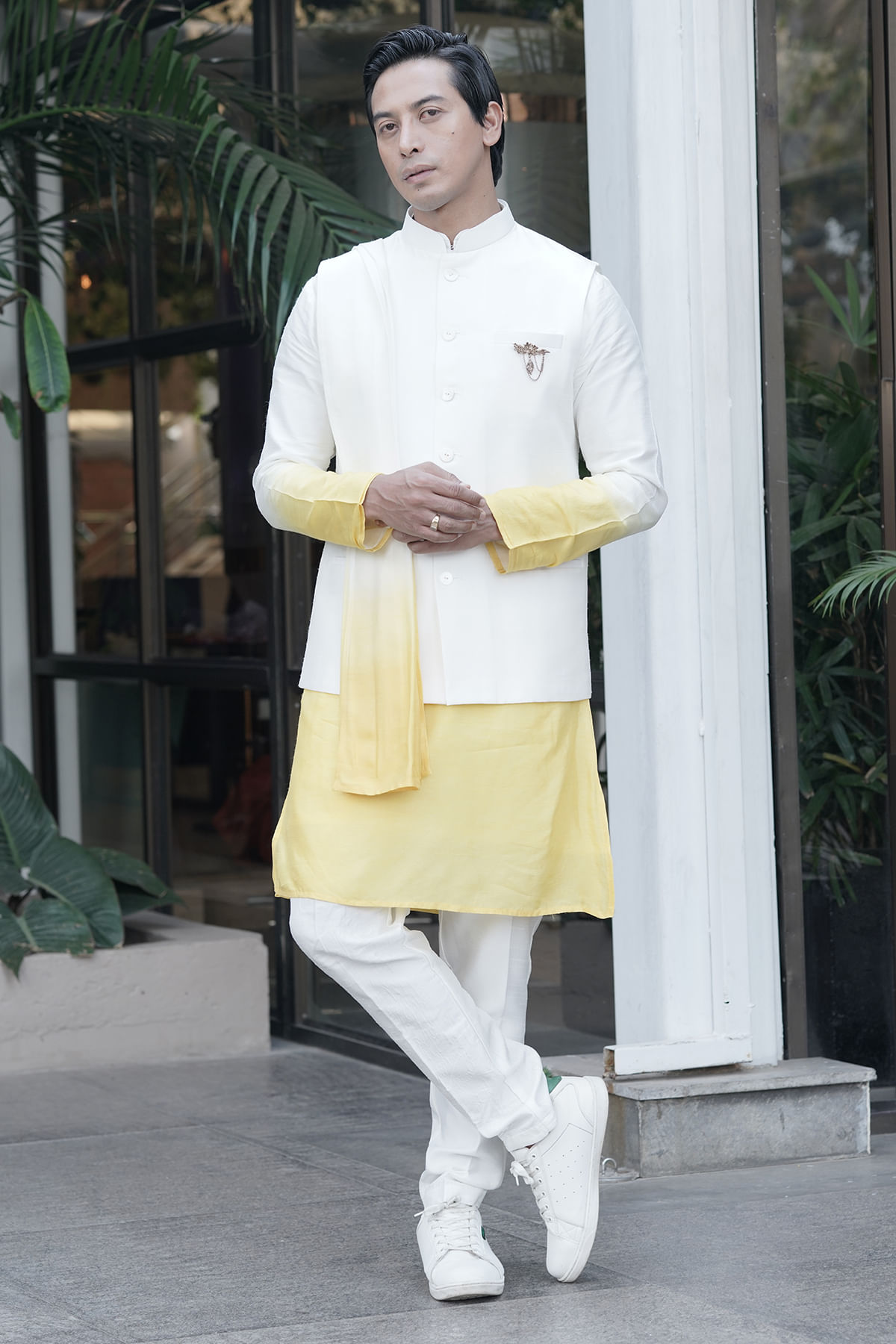 Yellow & White Straight Cut Kurta