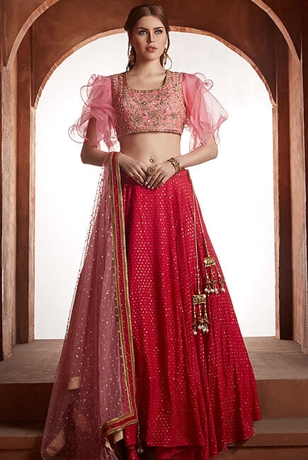 Buy Light Pink Sequins Embroidered Exclusive Bridal Net Lehenga Online |  Samyakk