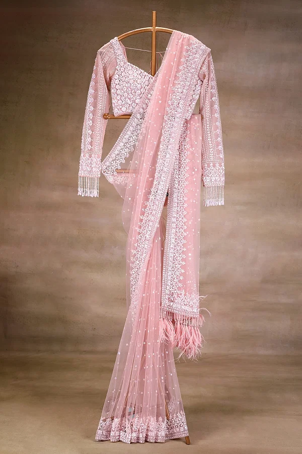Buy Light Pink Stone Embroidered Net Designer Saree with Readymade Blouse Online Samyakk