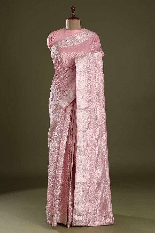 Banarasee Handwoven Tissue Saree With Zari Buti & Border-Gold & Pink