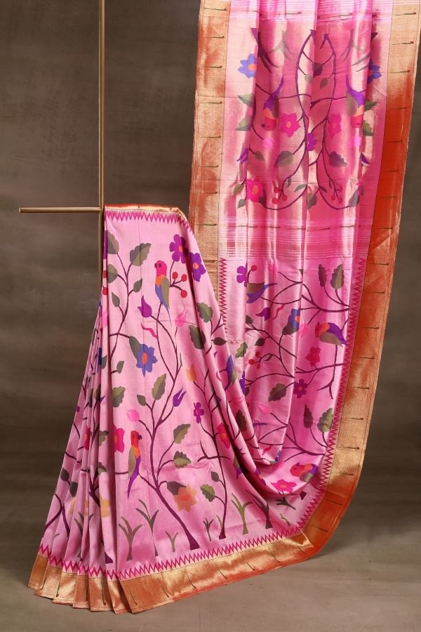 Cotton Candy Pink Zari Woven Paithani Silk Saree With Unstitched Blouse-GH2621