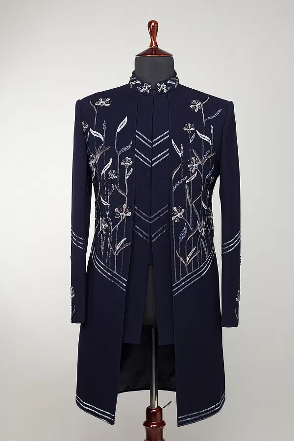 Buy Navy Blue Woven Italian Indo western Sherwani Online Samyakk