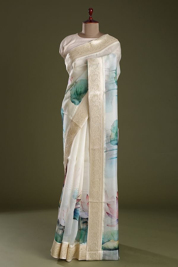 Off-White Printed Organza Saree-GA1832