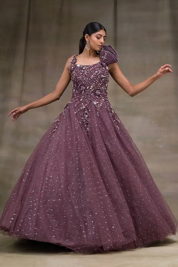 Purple colour net dresses shop