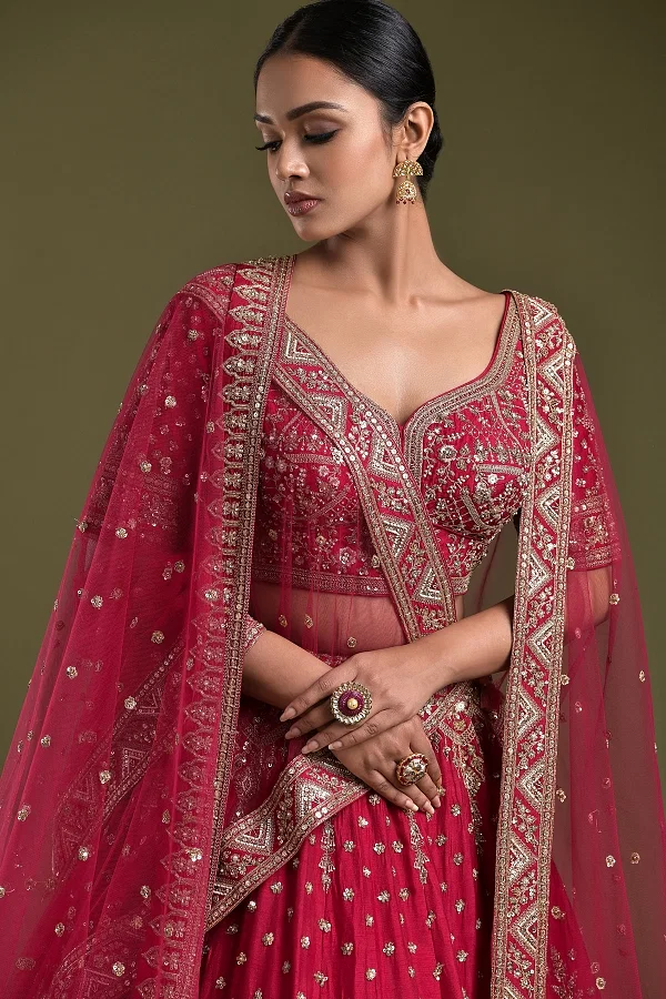 Fine Looking Red Color Lino Silk Designer Bridal Lehenga With Leather Work  at best price in Surat