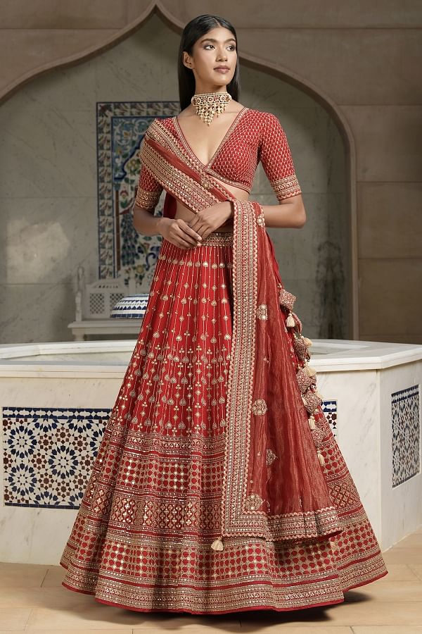 Wine red bridal top lehenga