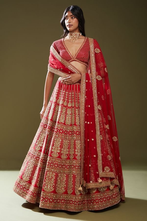 Buy Cherry Tomato Red Resham Embroidered Silk Wedding Lehenga