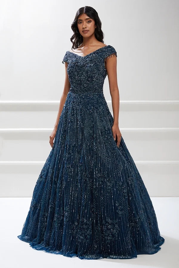 Buy Light Pastel Blue Sequins Embroidered Net Evening Gown Online Samyakk