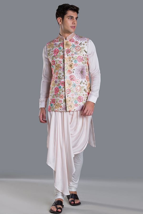 Buy Peach Resham Embroidered Silk Waistcoat Kurta Online Samyakk