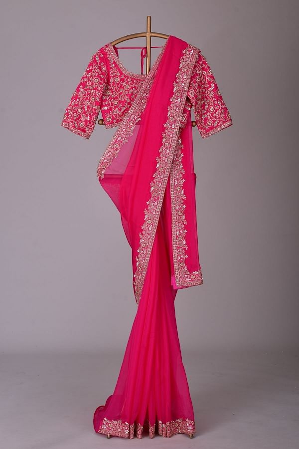 Flosive traditional golden zari work soft banarasi ruby pink saree –  Organza Mall