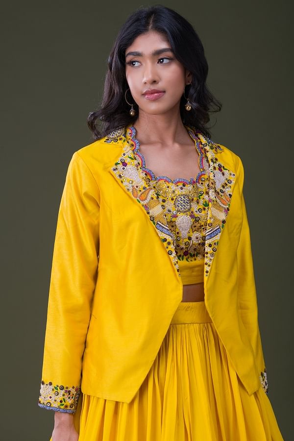 Buy Pale Blue Colour Georgette Short Jacket with Lehenga and Bustier by  PAYAL SINGHAL at Ogaan Online Shopping Site