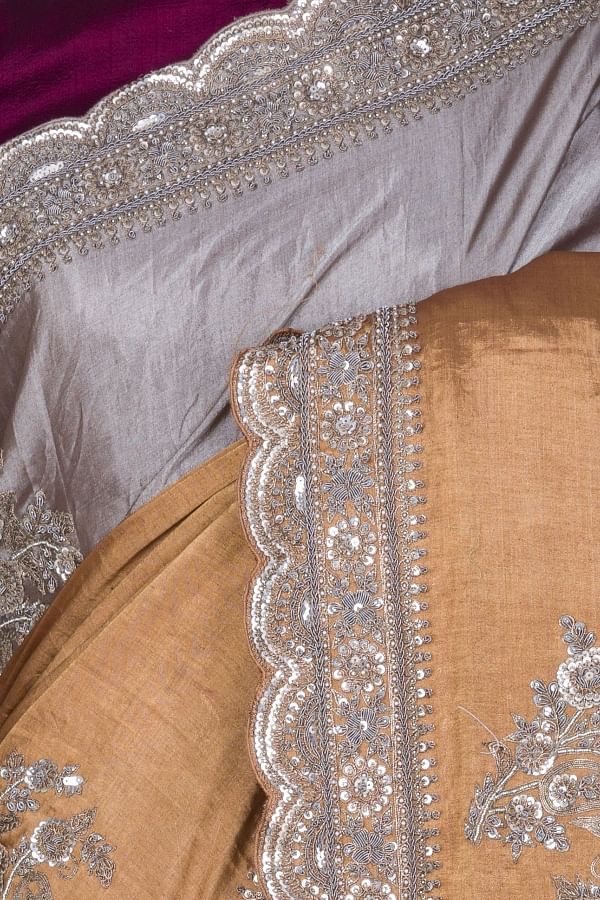 Linen pure tissue with embroidary work with running blouse | plain tissue  linen | Saree embroidery design, Linen, Hand embroidery designs