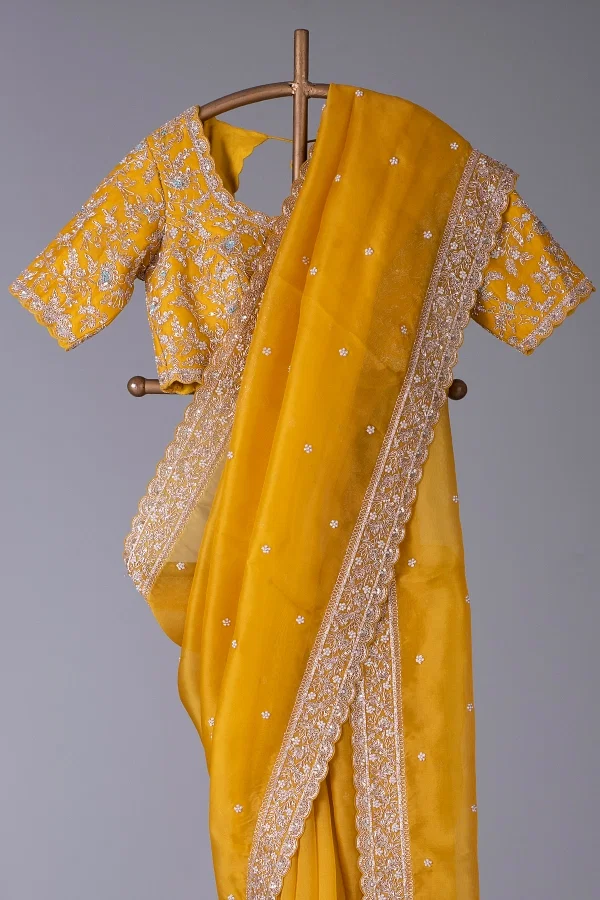 Beautiful Mustard Organza Saree with Cutdana and Gota Patti Handwork -  Rana's by Kshitija