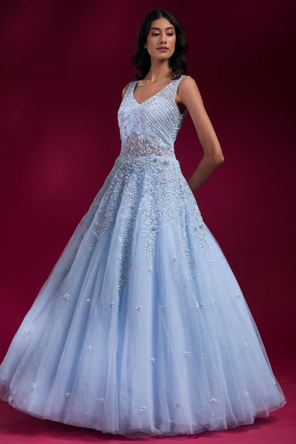Buy Pastel Blue Sequins Embroidered Net Evening Gown Online Samyakk