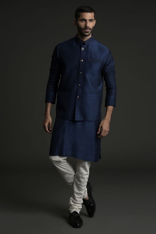 Light blue kurta hot sale with waistcoat