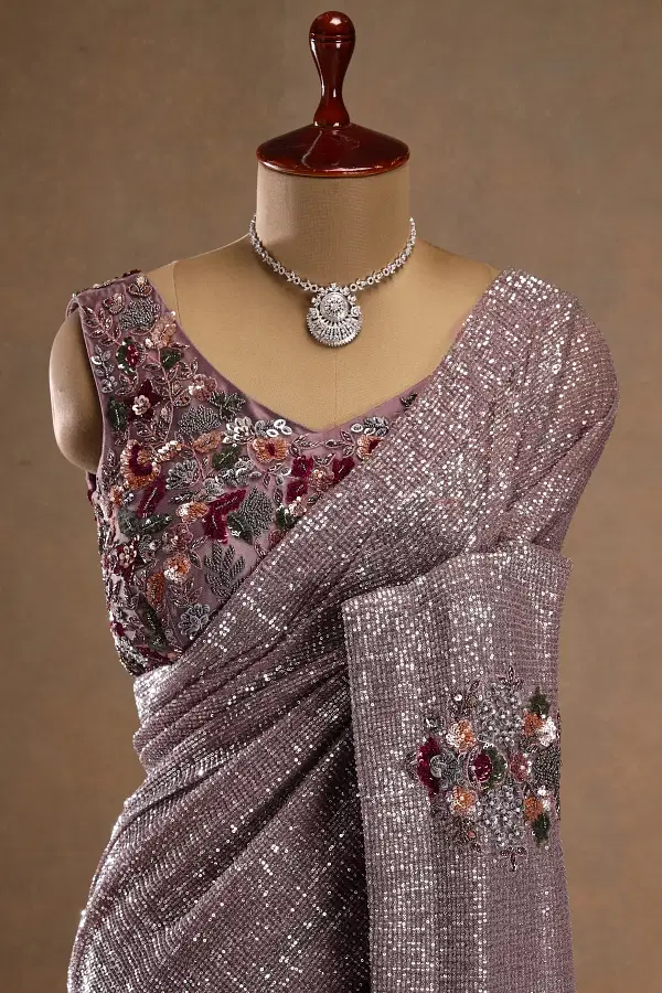 Buy Mauve Purple Lycra Draped Saree with Embroidered Cape