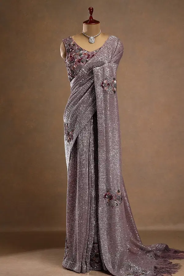 Buy Mauve Purple Lycra Draped Saree with Embroidered Cape