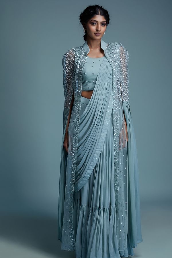 Buy Designer Sarees, Salwar Kameez, Kurtis & Tunic and Lehenga  Choli.Charming Chiffon Sky Blue Readymade Gown