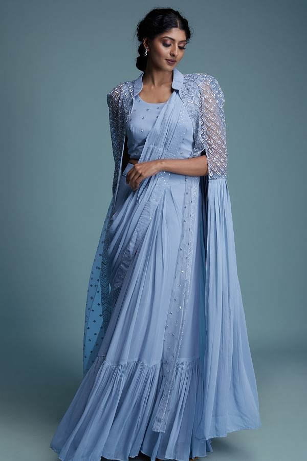 Saree, Light Blue Saree, Silk Saree, Stitched Blouse, Designer Saree,  Wedding Wear, Ready to Wear, Traditional Saree, Partywear, RR-3063 