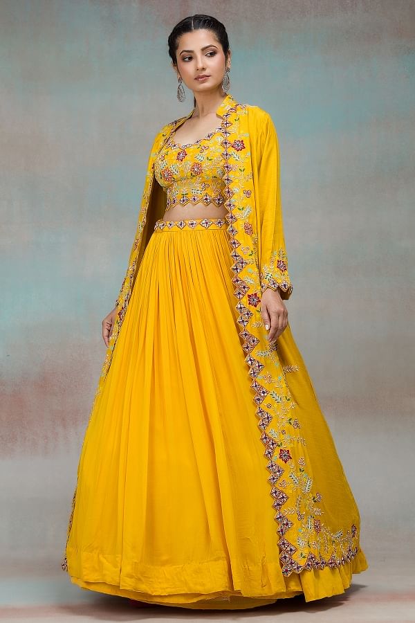 Ready to Wear Yellow Lehenga styled with a jacket detailed with embroidery  work – Prititrendz