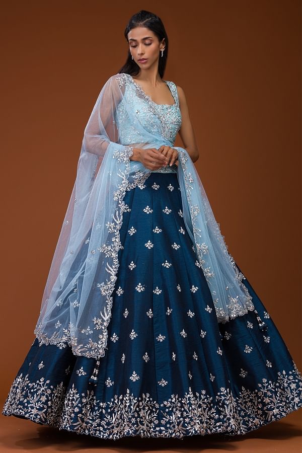 Buy Blue Floral Design Silk Lehenga For Women Online