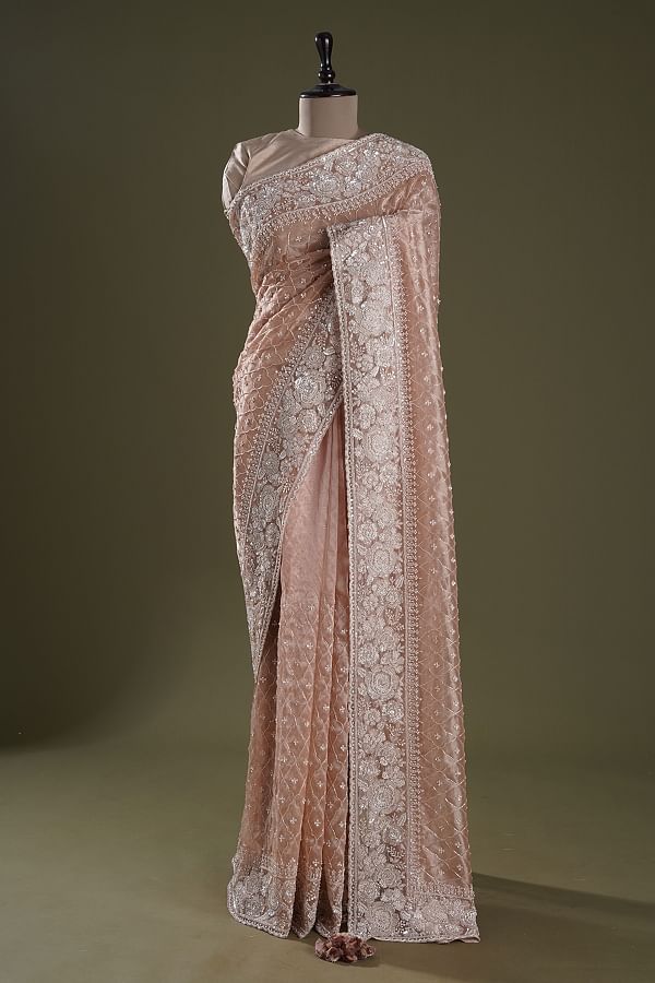 Buy Women Peach Matte Sequin Embroidered Saree Set With Blouse And Belt -  Feed Luxe Saree - Indya