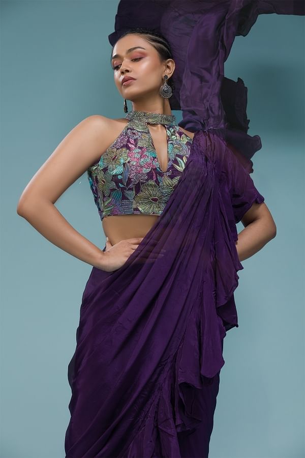 Buy plain crepe sarees with designer blouse in India @ Limeroad