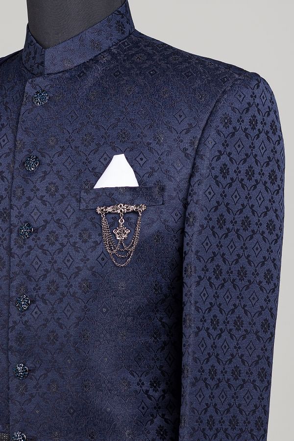 Woven Imported Silk Jodhpuri Suit in Navy Blue (32) - Ucchal Fashion
